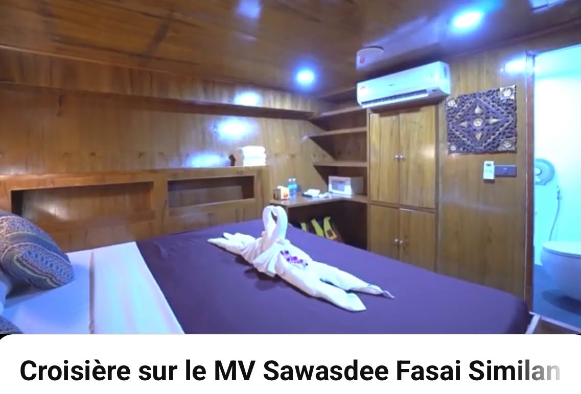 Cabine double climatisée avec lit et rangements en bois