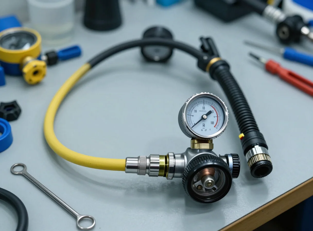 Détendeur et manomètre de plongée sur un établi d'atelier pour maintenance
