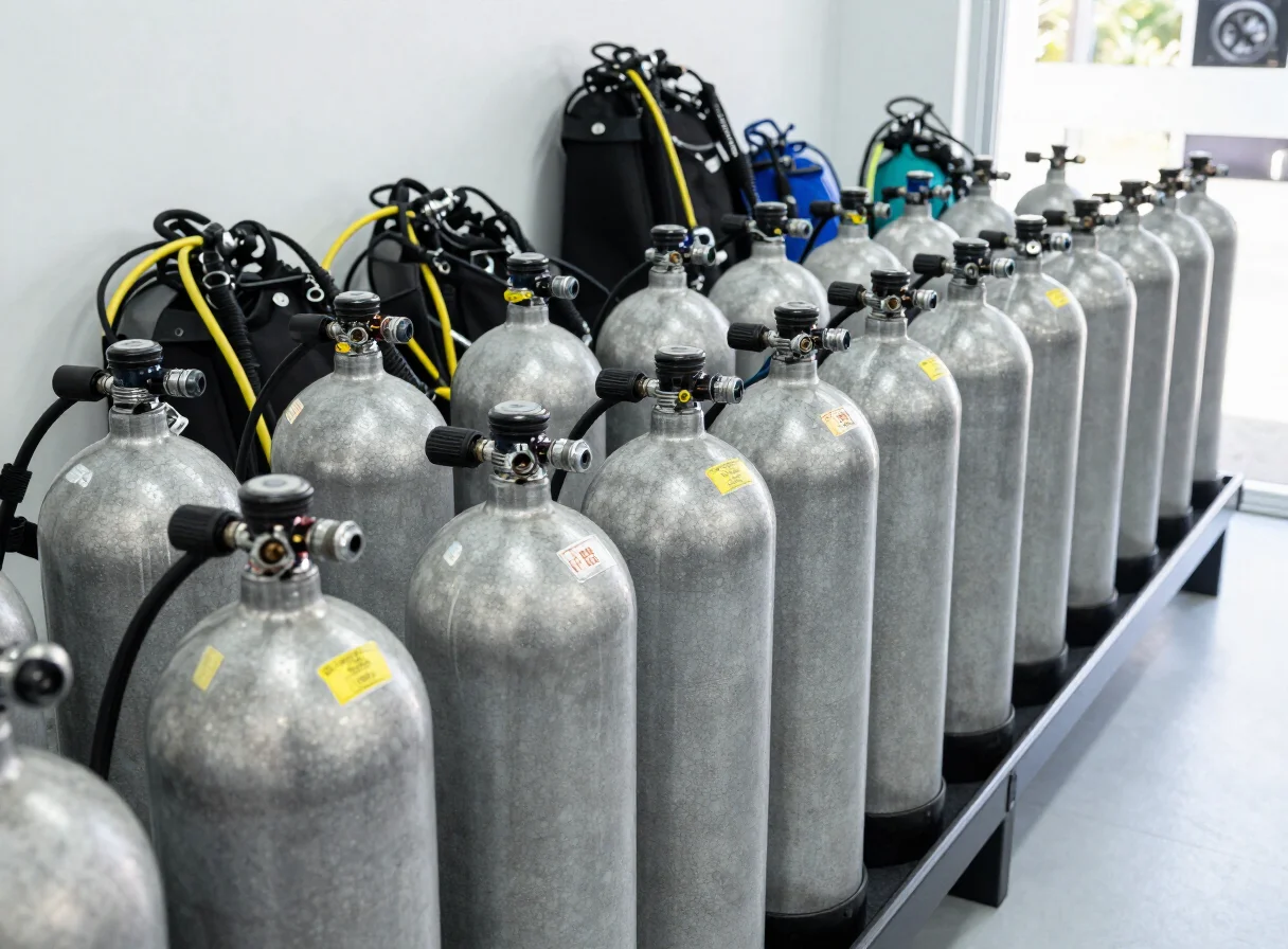 Bouteilles de plongée en cours de gonflage à la station d'air comprimé